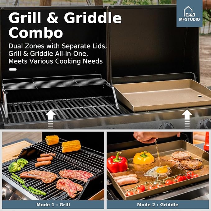 MFSTUDIO 5 Burner Gas Grill Griddle Combo with Porcelain-Enameled Cast Iron GratesCutting Board and Double Lids Duel-Function Propane BBQ Grills with Flat Top Grddle for Outdoor Barbecue Cooking