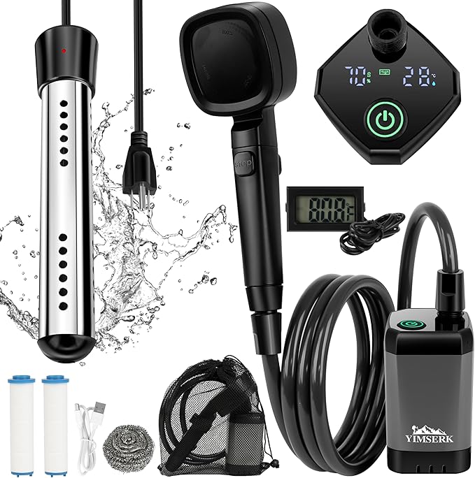 6000mAh Portable Shower for Camping with 2000W Immersion Water Heater – Rechargeable Camp Shower Pump 4-Mode Filtered Head LED Display Outdoor Camping Shower Kit for Travel Pets &amp Car Washing