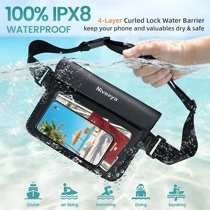Niveaya Double Space Waterproof Fanny Pack IPX8 Waterproof Pouch Dry Belt Bag for Beach Kayaking Swimming Touchscreen &amp PhotographyBoat Travel Essentials for Women Men(2 Pack)