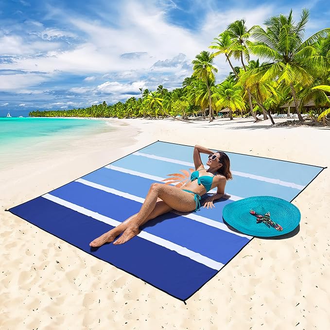 WIWIGO Beach Blanket Waterproof Sandproof Beach Mat 79 X 83/10'x9'for 2-8 Adults Quick Drying Outdoor Picnic Mat Beach Accessories for Travel Camping Hiking