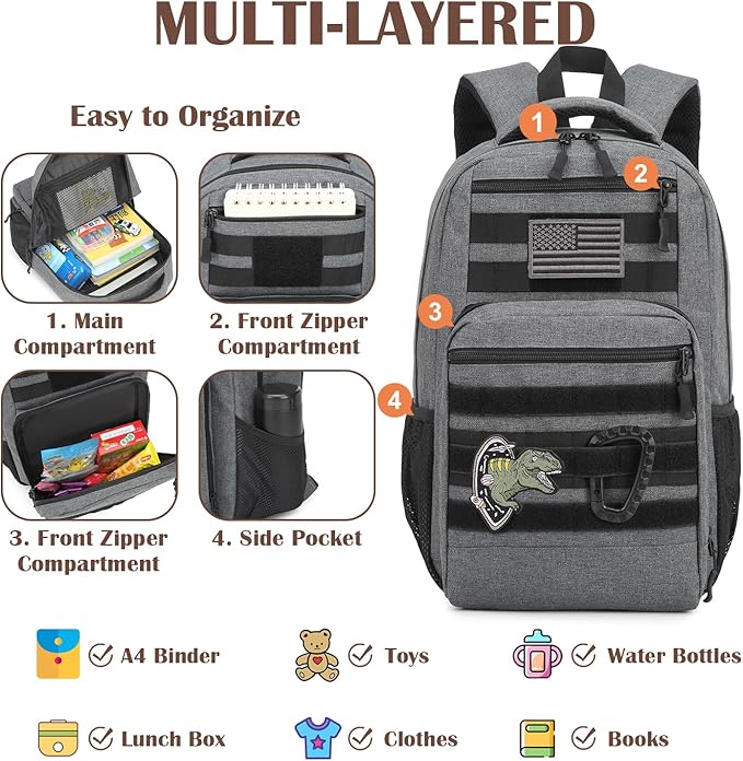 Kids Tactical Backpack Army Molle Bookbag Military Boys Backpack for School Outdoor Camping Grey