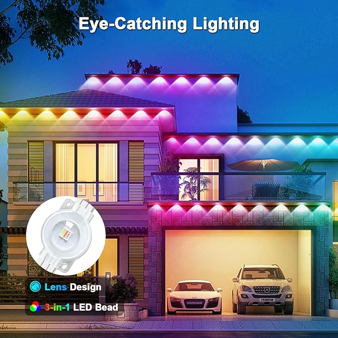 150FT Permanent Outdoor RGB Lights - IP65 Waterproof with Smart App Control Remote DIY Scene Modes Music Synchronization Eaves Lights For Garden Decor Deck Christmas Party Party HalloweenRoof