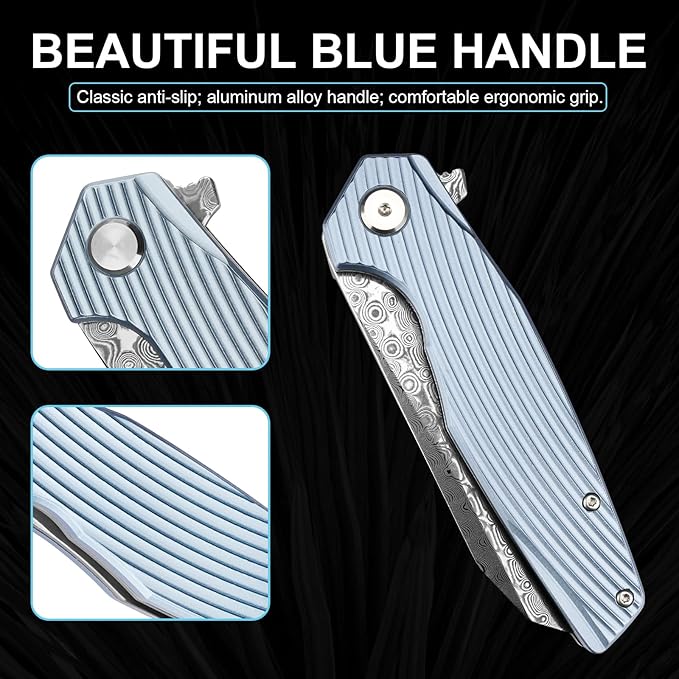 Zingbee Damascus Pocket Knife 3.46 Damascus Steel Blade EDC Pocket Knives &amp Folding Knives for Men Women Blue Non-Slip Handle