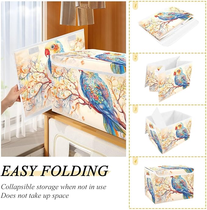 Fantasy Parrot Storage Cube Bins Basket with Lid Collapsible Flip-top Fabric with Handle for Home Bedroom Closet Office 16.5×12.6×11.8 in