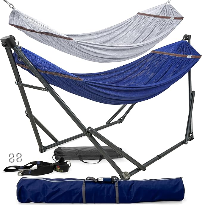 Tranquillo Combo x2 Hammocks with Stand for Outside &amp Tree Straps Heavy Duty Hammock with Stand 600lbs for Indoor Outdoor Patio Backyard x2 Hammocks for 2 Person (Combo - Blue Medium)