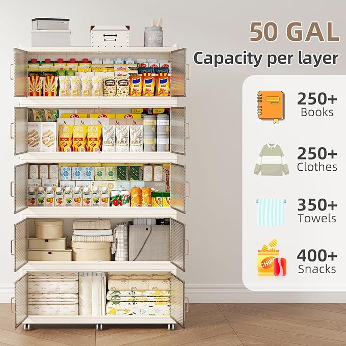 SAILUN 400Gal Extra Large Stackable Storage Bins with a Lid Collapsible Storage Bins With Doors and Wheels Foldable Storage Cabinet for Garage Closet Organization Beige 5Pack