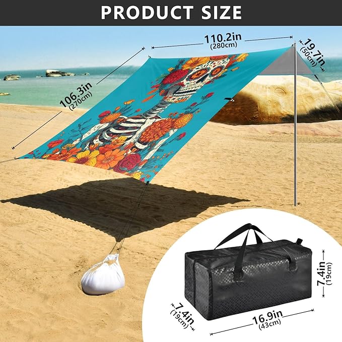 ALAZA Skull Flowers Beach Tent Sun Shelter Portable Canopy Sunshade for Outdoor Camping Picnics Backyard Fun 10x9 ft