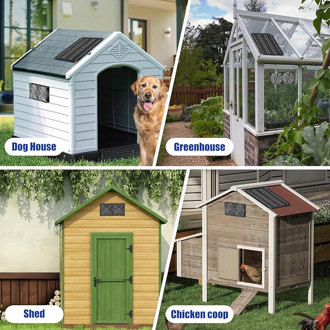 MARBERO 4.7 Inch Solar Powered Fan Kit 15W Solar Panel with 2 Waterproof Fans Intake or Exhaust Air Fan wtih 13 Ft Cable for Outside Backyard Chicken Coops Greenhouses Dog Houses Pet Houses