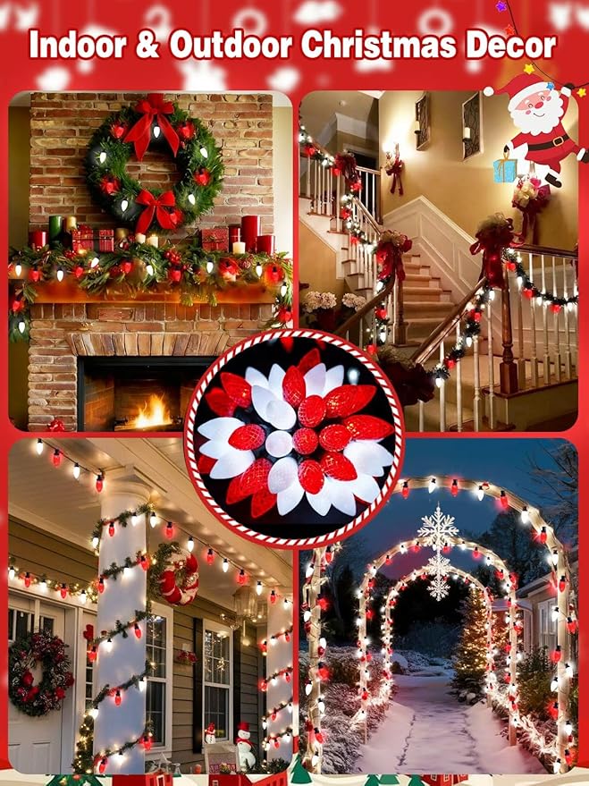 YIQU 2-Pack 66FT C9 Christmas String Lights Outdoor 100LED Waterproof Green Wire Plug in Led Fairy String Lights for Xmas Tree Indoor Garden Patio Wedding Party Decoration (Red and White)