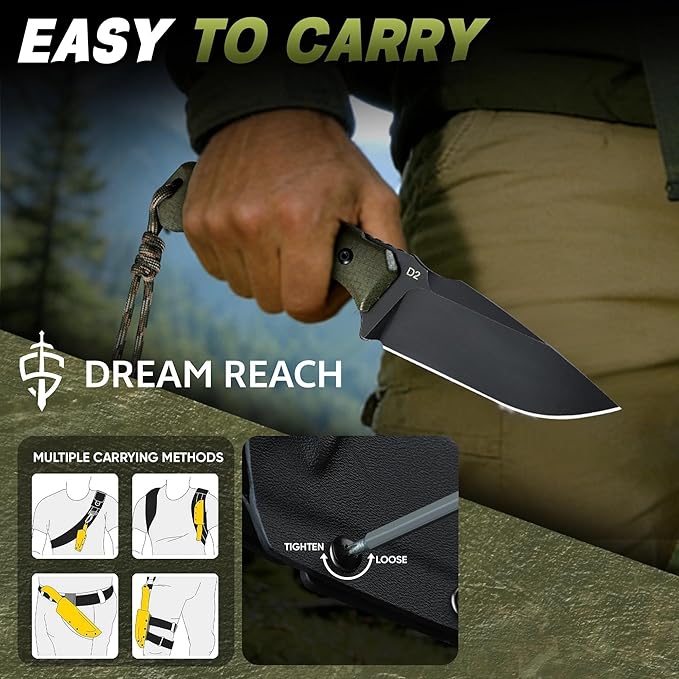 Dream Reach Fixed Blade Knife - D2 Steel Tactical Knife with Ergonomic Full Tang Handle and Kydex Sheath for Outdoor Camping Survival Gift for Men Women Green