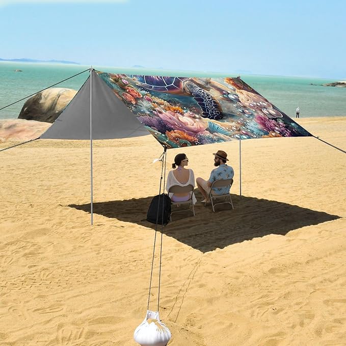 ALAZA Sea Turtle Pearls Coral Beach Tent Sun Shelter UPF50+ Protection Beach Shade Canopy w/ 4 Sandbags for Outdoor Camping Fishing Backyard Fun Picnic 10x9 ft