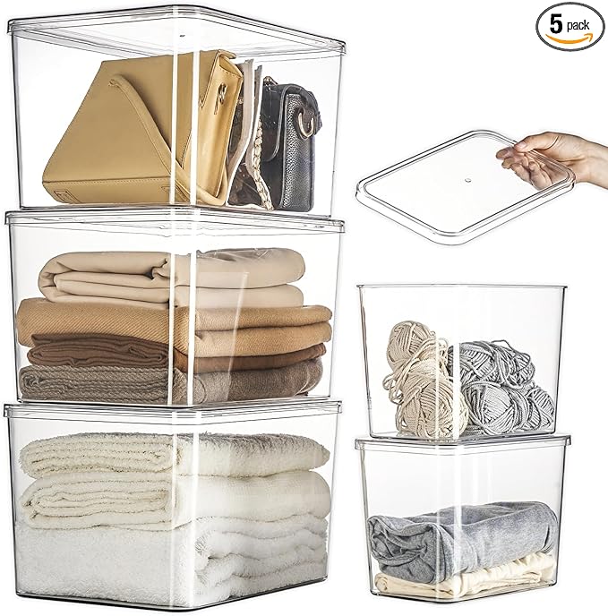 Lidded Plastic Storage Bins Set Clear Desk Basket Box Organizer Kitchen Container Clothes Laundry Closet Cabinet Shelf Organization and Storage for Shelves Office Bathroom(clear 3XL+2M)