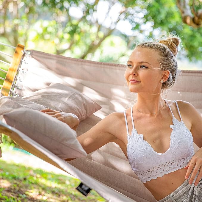 SUNCREAT Hammocks Patio Hammock with Stand 2 Person Heavy Duty Curved Hammock with 13.5 ft Wooden Stand Tan