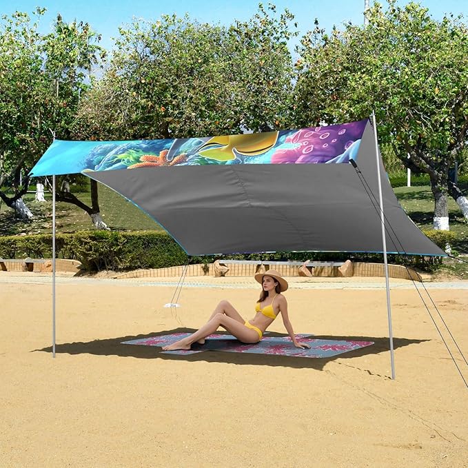 ALAZA Dolphin Turtle in The Ocean Beach Tent Sun Shelter UPF50+ Protection Beach Shade Canopy w/ 4 Sandbags for Outdoor Camping Fishing Backyard Fun Picnic 10x9 ft