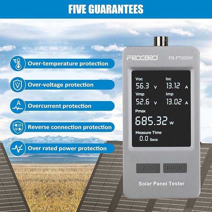 FrogBro 800W Solar Panel Tester – PV Multimeter with Smart MPPT &amp HD OLED Display for Solar Panel Diagnostics and Data Analysis
