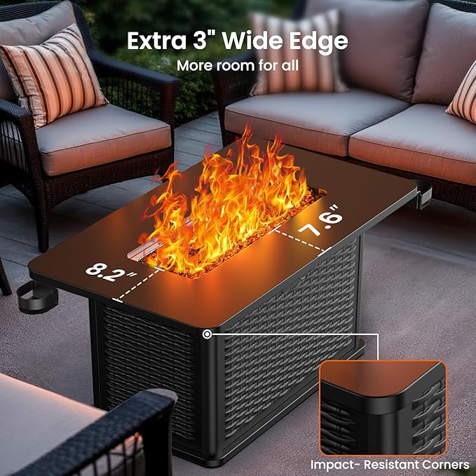 AMADA HOMEFURNISHING 43 Inch Propane Fire Pit Table 60000 BTU Gas Fire Pit with Lava Rocks Waterproof Cover Removable Lid Cup Holders 2-in-1 Fire Table for Patio Backyard Garden Black
