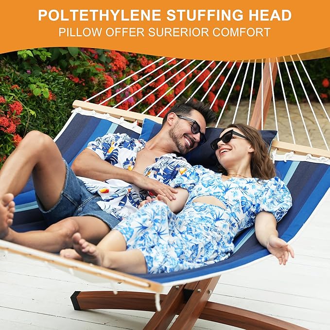 Lazy Daze Hammocks 12 FT Sunbrella Fabric Quilted Hammock Double Sunbrella Quilted Hammock with Spreader Bars &amp Pillow All Weather and Fade Resistant for Outdoor 450 lbs Capacity Gateway Indigo