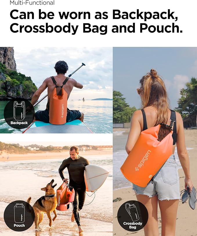 Spigen for Waterproof Backpack IPX6 35L Roll Top Travel Rucksack Fits up to 16 Inch Laptop Multi-Compartment Bag Ventilated Back Chest Strap Hiking Camping Swimming Canoeing Fishing