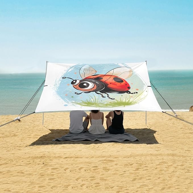 ALAZA Cute Lady Bug Cartoon Beach Tent Sun Shelter UPF50+ Protection Beach Shade Canopy w/ 4 Sandbags for Outdoor Camping Fishing Backyard Fun Picnic 10x9 ft