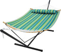 SUPERJARE Curved-Bar Hammock with Stand 2 Person Heavy Duty Hammock Frame Detachable Pillow &amp Portable Carrying Bag Perfect for Outdoor &amp Indoor Thin Blue and Green Stripes