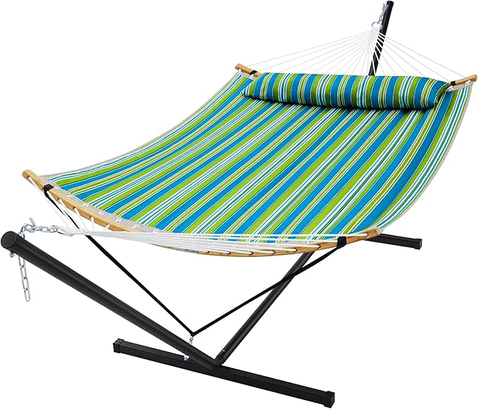 SUPERJARE Curved-Bar Hammock with Stand 2 Person Heavy Duty Hammock Frame Detachable Pillow &amp Portable Carrying Bag Perfect for Outdoor &amp Indoor Thin Blue and Green Stripes