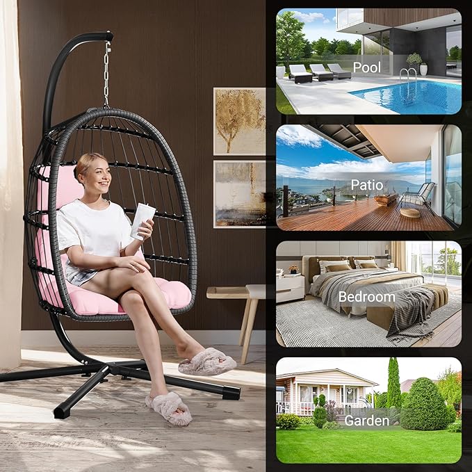LEVELEVE Egg Chair with StandPatio Rattan Wicker Hanging Swing Egg Chair Hammock Chair for Bedroom Porch GardenThickened Aluminum Alloy Steel Frame and UV Resistant Cushion350LBS Capacity