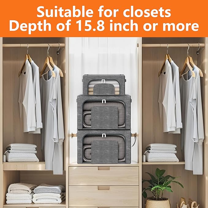Stackable Clothes Storage Bins with Metal Frame 4 Piece Stackable Clothes Organizer with Double Opening + Clear Window Design for Cabinets Under Beds Storage and Garage Gray 2 * 22 L + 2 * 64 L