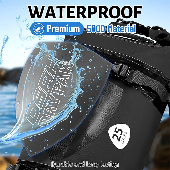OSAH DRYPAK 25L Waterproof Dry Bag - Motorcycle Luggage Tail Bag with Straps for Back Seat Roll Top Lightweight Waterproof Backpack Sack for Travel Swimming Boating Kayaking Camping and Beach