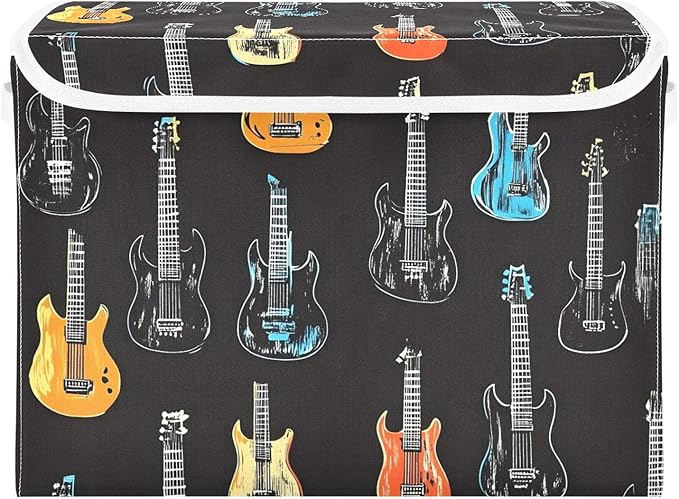 Storage Cube with Lid Cartoon Guitars Print 16.5×12.6×11.8 IN 1 Pack Collapsible Large Capacity Foldable Storage Basket Bin Organizer