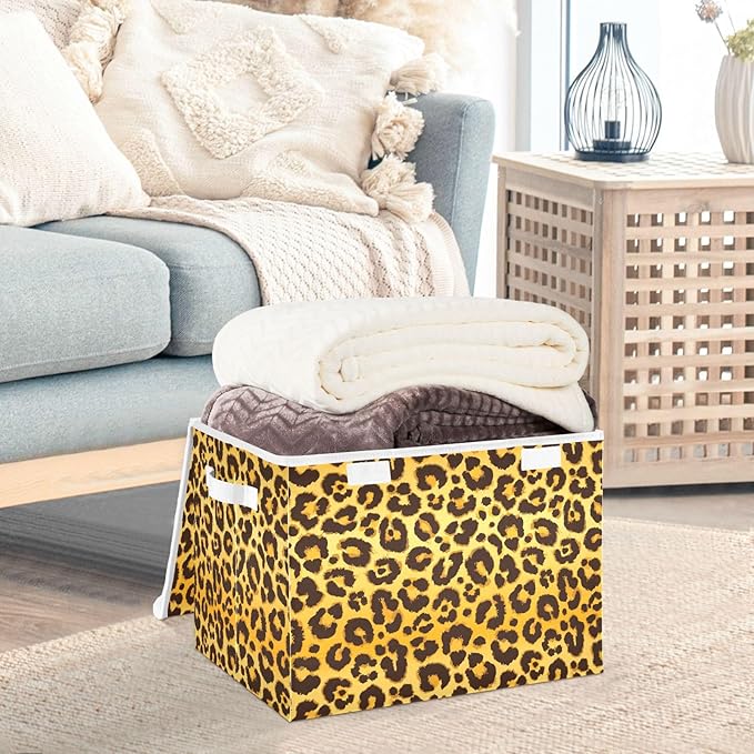 Collapsible Storage Bins with Lids Decorative Fabric Storage Cubes Closet Organizer and Storage Basket Boxes Containers for Clothes Box Chest Folding Rectangle Leopard Print Yellow