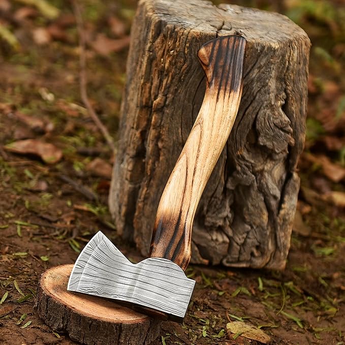 Nesmo - 013 Handmade Damascus Steel Hatchet Axe with Ash Wood Handle – Mini Axe with Leather Sheath. Forged Camping Axe Outdoor Survival Tool Bushcraft Wood Chopping &amp Collectible Gift