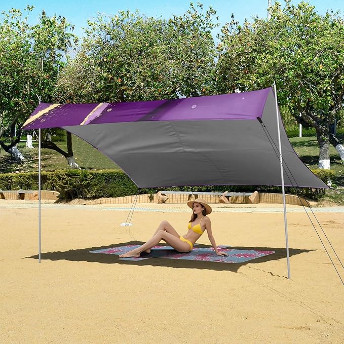 Beach Canopy with Windproof Ropes &amp Sandbags Beach Tent Sun Shade Sun Shelter for Camping Trips Fishing Backyard Fun or Picnics Purple Texture