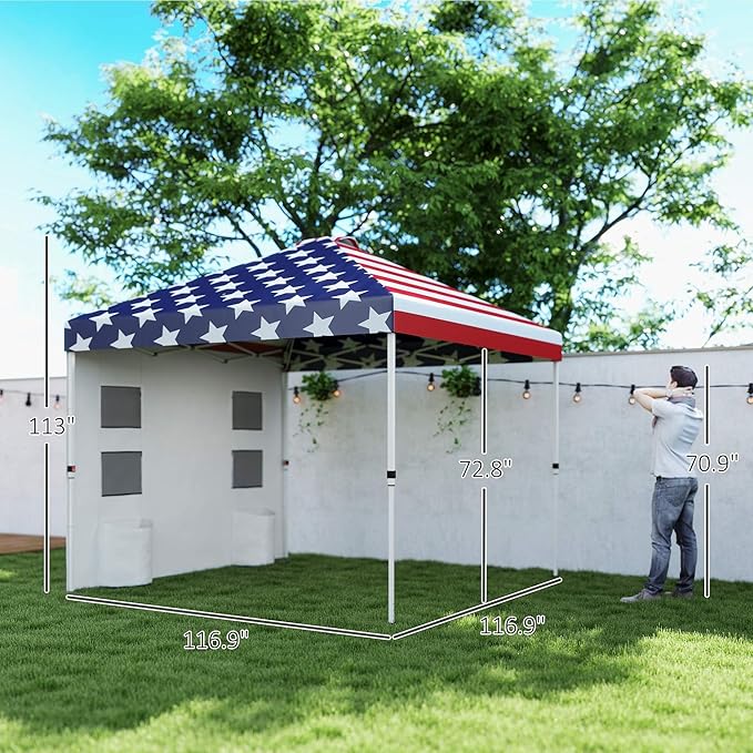 10x10 Pop-Up Canopy Tent Including FFor rame Support Sidewall Panels Integrated Storage Pockets Height Adjustable Feature American Flag Graphic Display
