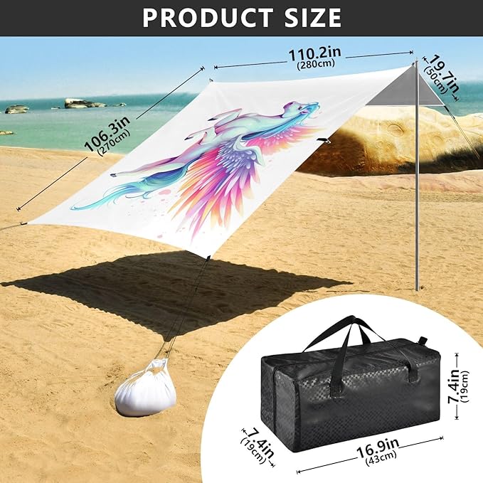 ALAZA Unicorn Rainbow Horse Beach Tent Sun Shelter UPF50+ Protection Beach Shade Canopy w/ 4 Sandbags for Outdoor Camping Fishing Backyard Fun Picnic 10x9 ft