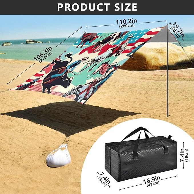 Cartoon American Cowboys Beach Tent Sun Shelter Set UPF50+ UV Protection 10.5 x 9.19 FT Camping Shade Canopy with Sandbags Sand Anchors Carrying Bag and Others
