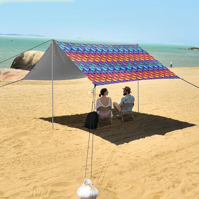 ALAZA Mermaid Print Rainbow Color Beach Tent Sun Shelter UPF50+ Protection Beach Shade Canopy w/ 4 Sandbags for Outdoor Camping Fishing Backyard Fun Picnic 10x9 ft