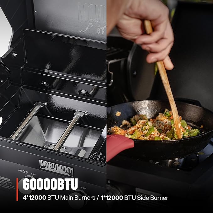 Monument Grills 4+1 Liquid Propane Gas Smart BBQ Grill 4 Burners &amp 1 Side Burner Denali 425 with Smart Technology and Knob Controls Black
