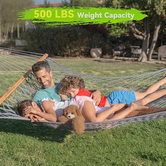 Double Hammock for 2 Person Handwoven Rope Hammock with Spreader Bar Without Stand - Indoor &amp Outdoor Use for Patio Poolside Backyard (Grey)