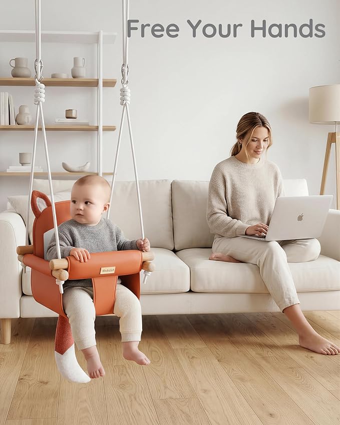 Wooden Baby Swing with Soft Safety Belt Cozy Infant Swing Seat for Indoor &amp Outdoor Use Adjustable Height Includes Mounting Hardware – Suitable for Babies &amp Toddlers（Fox-Themed in Red）