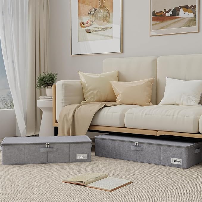 Yawinhe Foldable Underbed Storage Bags Containers Bin with Lids Large Under Bed Organizer Box with Sturdy Zipper und Label Holders for Clothing 31.5''Lx15.7''Wx6''H 4 Pack Grey