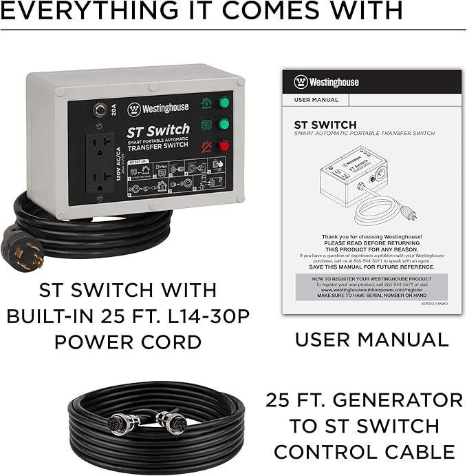 Westinghouse Outdoor Power Equipment ST Switch with Smart Portable Automatic Transfer Technology Home Standby Alternative For Sump Pumps Refrigerators and More Black and White