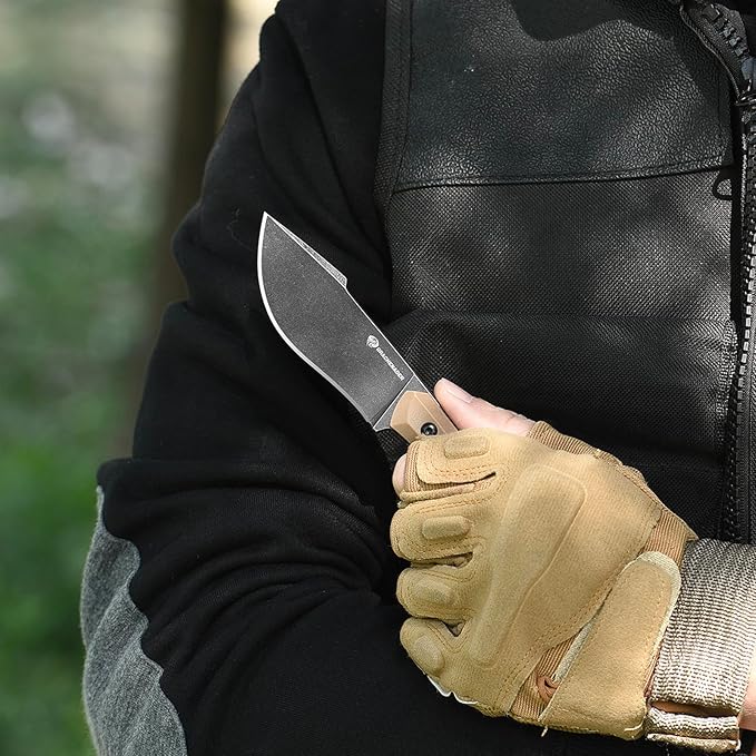 DRACHENADER Survival Knife with Fire Starter L-Y 7.68 Full Tang Small Fixed Blade Knife with Belt Clip Khaki + Stonewashed Black