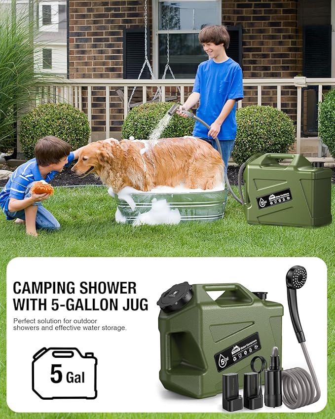 Portable Camping Shower with Water Jug Electric Rechargeable Camping Shower 5-Gallon Food Grade Water Containers Outdoor Camp Pump for Hiking Beach Travel Pet Bath