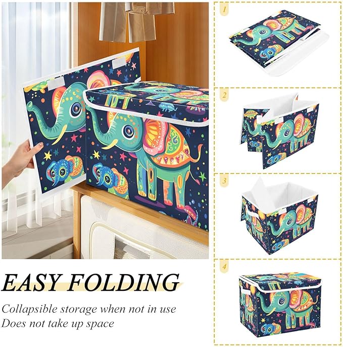Collapsible Storage Bins with Lids Decorative Fabric Storage Cubes Closet Organizer and Storage Basket Boxes Containers for Clothes Box Chest Nursery Folding Rectangle Elephants Aliens Cartoo