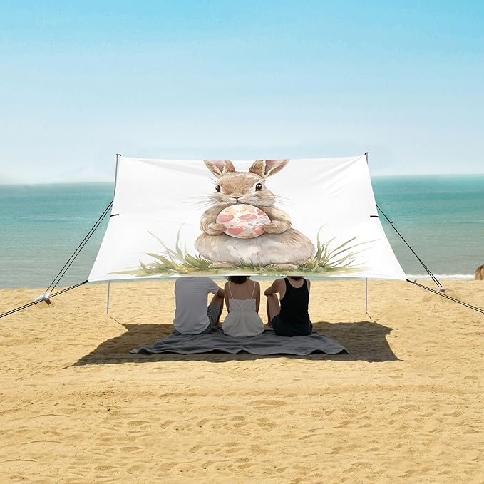 ALAZA Bunny Rabbit Easter Egg Beach Tent Sun Shelter UPF50+ Protection Beach Shade Canopy w/ 4 Sandbags for Outdoor Camping Fishing Backyard Fun Picnic 10x9 ft