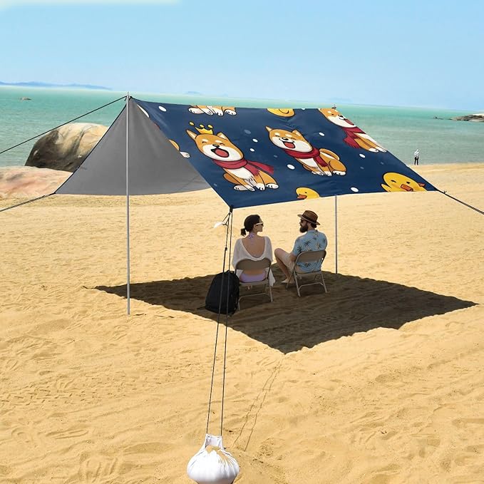 ALAZA Cute Corgi Dog Duck Beach Tent Sun Shelter UPF50+ Protection Beach Shade Canopy w/ 4 Sandbags for Outdoor Camping Fishing Backyard Fun Picnic 10x9 ft
