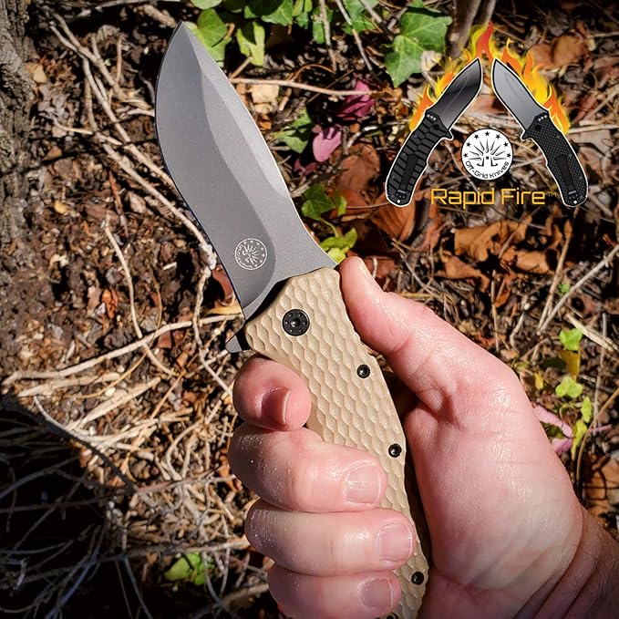 Off-Grid Knives - Rapid Fire Coyote Large Assisted EDC Hard Use Construction Camping and Survival Cryogenic D2 Blade Steel Titanium Nitride Coating with G10 Scales Deep Pocket Carry