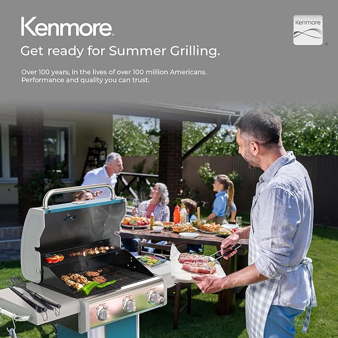 Kenmore 3-Burner Propane BBQ Grill 30000 BTUs Gas Grill with Cast Iron Cooking Grates Folding Side Tables &amp Wheels Outdoor Grill with Tool Hooks Teal