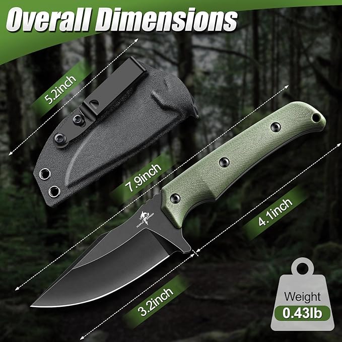Purple Dragon Fixed Blade Knife - Full Tang Hunting Knife Forged from a Single Piece of D2 Steel - Camping Knives with G10 Handle and Kydex Sheath - Outdoor Gift for Men - Green