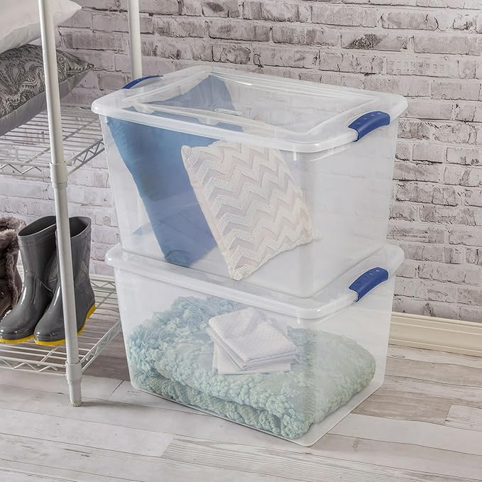4-Pack 66 Quart Clear Storage Bins with Latching Lids - Sturdy Stackable Organizing Containers for Home Garage &amp Basement - Practical Latch Boxes for Clothes Bedding &amp Seasonal Items